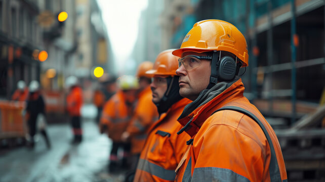 Construction team conducting a safety briefing showcasing efficient site health and safety and evacuation procedures.