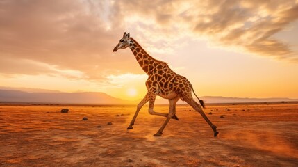 Giraffe running in the middle of the savanna at sunset