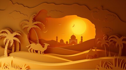 Arabian Night in Desert. Vector illustration. Place for text. Ramadan Kareem landscape, camel caravan, mosque and palms in oasis, paper cut 3d style. Ramadhan creative modern banner poster - obrazy, fototapety, plakaty