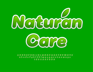 Vector eco flyer Natural Care. Green Alphabet Letters and Numbers set. Sticker style Font.