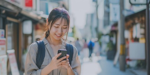 Walking, cellphone and Japanese woman in the city networking on social media or the internet. Phone, adventure and young female person commuting for travel in road of urban town