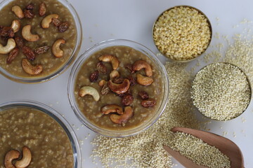 Proso sakkarai pongal is a healthy traditional South Indian sweet pongal made with moong dal and Proso millet instead rice, sweetened with jaggery