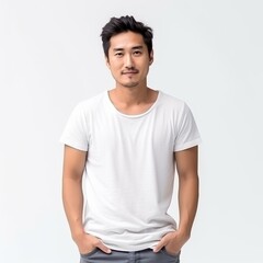 Portrait of a smiling Asian man in casual white t-shirt