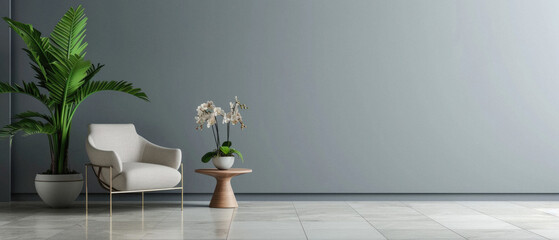 Modern cozy armchair interior design home living room or color wall furniture decor. Stylish trendy minimal chair and table with house decoration luxury contemporary background. Furniture store ads .