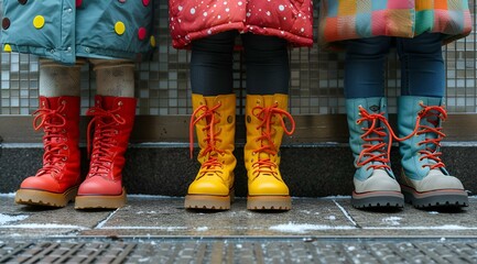 AI generated illustration of children wearing vibrant boots standing together on the pavement