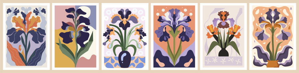 Abstract flower posters set. Trendy botanical wall arts with Iris, February birth month flower in hippie style. Modern naive groovy funky interior paintings. Colorful flat vector illustrations.