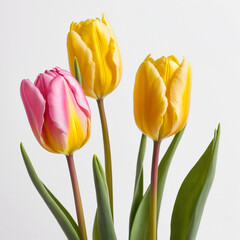 Obraz premium Yellow and pink tulips. Spring flowers