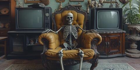 Spooky Skeletal Figure Perched On A Chair With A Static Tv Backdrop. Concept Halloween Photoshoot, Creepy Props, Ghostly Portraits, Eerie Set, Hauntingly Beautiful Images - obrazy, fototapety, plakaty