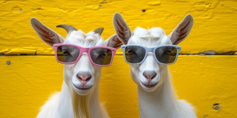 Elevating Farmyard Style: Fashion-Forward Goats Sporting Trendy Sunglasses. Concept Eco-Friendly Garden Tips, Diy Home Decor, Healthy Recipes, Travel Adventures, Fitness Routines