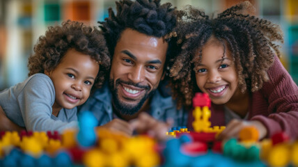 Afro Caribbean family playing with Construction at break toy, dad surrounded by his two children looking happy and content