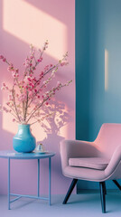 Modern cozy armchair interior design home living room or color wall furniture decor. Stylish trendy minimal chair and table with house decoration luxury contemporary background. Furniture store ads .