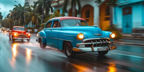 Fototapeta na wymiar Vintage Blue Car With Headlights On And Red Car In Motion In Rainy Cuba. Concept Vintage Car Photography, Rainy Cuba Captures, Colorful Car Scenes, Dynamic Motion Shots