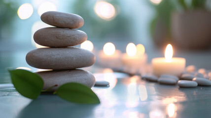 Obraz na płótnie Canvas Wellness spa still life, holistic stones healing candles and serene atmosphere with a softly blurred health facility backdrop