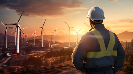 Engineer in reflective vest and hardhat, inspecting tablet with wind turbines in background
