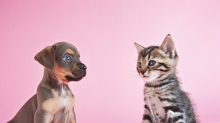 Closeup portrait of cat and puppy, light pink background. With copy space. Minimalistic style. Domestic animals vs concept. For design, print, card, banner, poster, flyer - Powered by Adobe