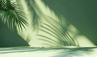 3d render, simple abstract green background illuminated with bright sunlight, with palm leaf shadow. Modern minimal showcase scene for product presentation, Generative AI