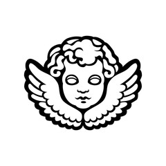 Vintage cherub cupid angel. Template, pattern, symbol, sign, line, icon, silhouette, tattoo. Isolated vector illustration.