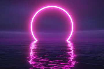 3d render, abstract geometric background, glowing pink ring, neon round frame and reflection in the water. Minimal futuristic blank showcase scene for product presentation, Generative AI