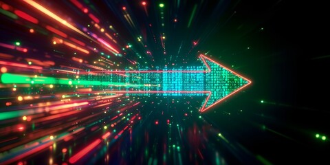 3d render, abstract neon arrow with fading tail. Technology concept. Glowing green red lines and bokeh lights, Generative AI