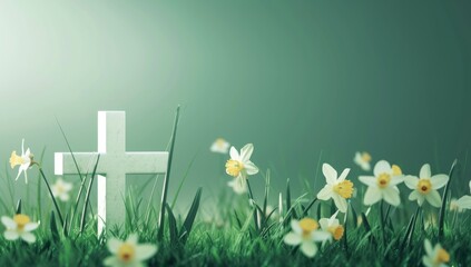 flowering grass and white cross with daffodils generative AI - obrazy, fototapety, plakaty