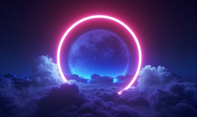Fototapeta na wymiar 3d rendering, abstract futuristic geometric background with neon ring and stormy cloud over night sky. Round frame with copy space, Generative AI