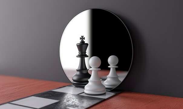 3d render, chess game white pawn piece stands in front of the round mirror with reflection of black king. Contradiction or ambition metaphor. Perceptual distortion concept. Minimalist, Generative AI