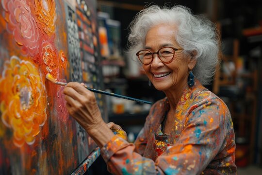 Joyful senior artist painting vibrant flowers on canvas