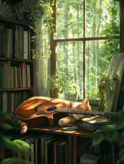 Little cat leaning against a guitar.