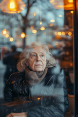 Woman looking through the glass of a coffee shop