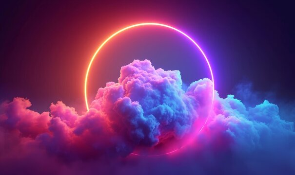 3d render, abstract geometric background of colorful illuminated cloud and glowing neon linear circle, Generative AI