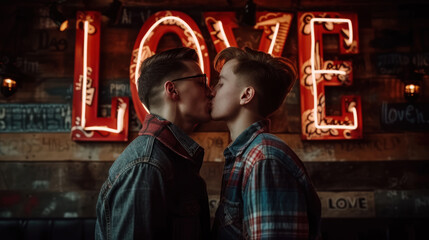 Tender Kiss Between Gay Couple Under Romantic Neon "LOVE" Sign.