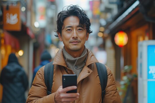 30 year old Japanese businessman look at his smartphone,smaile, happyness, outside, day, business scene.
