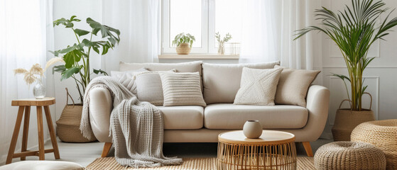 Comfortable modern sofa, soft luxury couch in cozy living room minimal elegant aesthetic home interior design contemporary style background space. House furniture store shopping advertising promo .