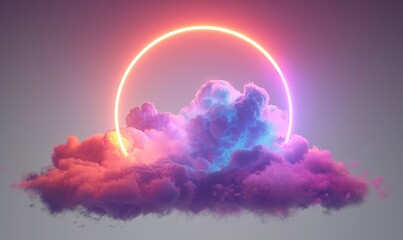 3d render, abstract geometric background, ring shape glows with neon light inside the soft colorful cloud, fantasy sky with blank linear round frame, Generative AI