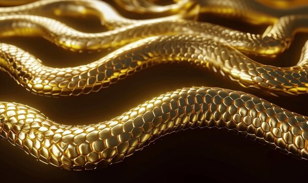 looping 3d animation, abstract background with gold snake loops, shiny metallic dragon scales texture, Generative AI