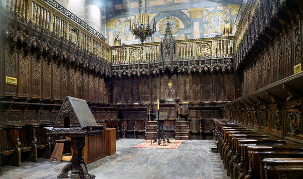 Sig&uuml;enza, Spain - January 19, 2024. Choir of Sig&uuml;enza Cathedral. Guadalajara, Castilla la Mancha, Spain.