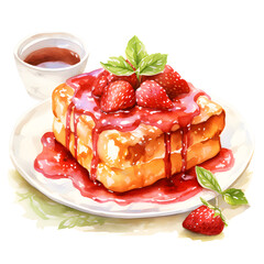 French toast sandwich with cream and strawberry on white background.