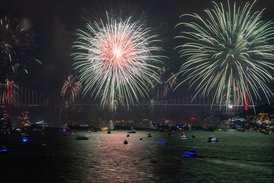 100th Anniversary Celebrations of the Republic of Türkiye Fireworks Show Drone Photo, 15 July Martyrs Bridge Cengelkoy, Uskudar Istanbul, Turkiye (Turkey)

