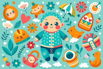 Naklejka premium Baby hand drawn design for textile, posters, cards. Baby pattern. Fabric baby design. Vector illustration with doodles. Nursery baby pattern illustration