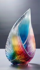 This image showcases a complex glass sculpture featuring a spectrum of vibrant colors, elegantly twisted into a leaf-like shape against a neutral background.