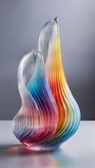 This image showcases a complex glass sculpture featuring a spectrum of vibrant colors, elegantly twisted into a leaf-like shape against a neutral background.