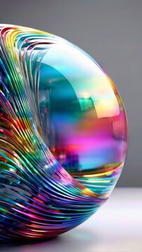 The image features a multicolored glass object with a smooth surface and wavy texture. It appears to be made of many thin strips of glass wrapped around a central sphere. 