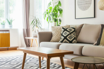 Comfortable modern sofa, soft luxury couch in cozy living room minimal elegant aesthetic home interior design contemporary style background space. House furniture store shopping advertising promo .