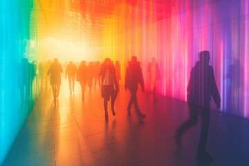 Fototapeta premium silhouettes of people walking in a space in rainbow colors, busy contemporary lifestyle. Generative AI