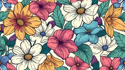 Fototapeta na wymiar Hand drawn colorful flowers seamless pattern. Generative Ai