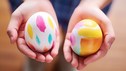 Fototapeta na wymiar hand of child holding painted eggs for make it easter eggs.