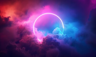 3d render, colorful neon ring glowing inside the stormy cloud on the dark sky, abstract background, Generative AI
