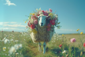 a sheep decorated with many colorful spring flowers is standing in the middle of a green field. Generative AI