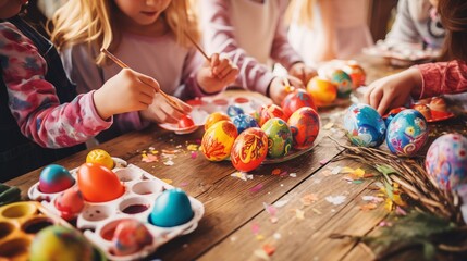 children coloring colorful eggs with watercolor to make easter eggs for easter festival. children have fun to paint eggs with paint brush.