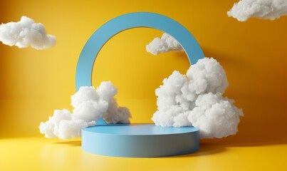 3d render, abstract sunny yellow background with white clouds and blue round hole. Simple geometric showcase scene with empty podium for product, Generative AI